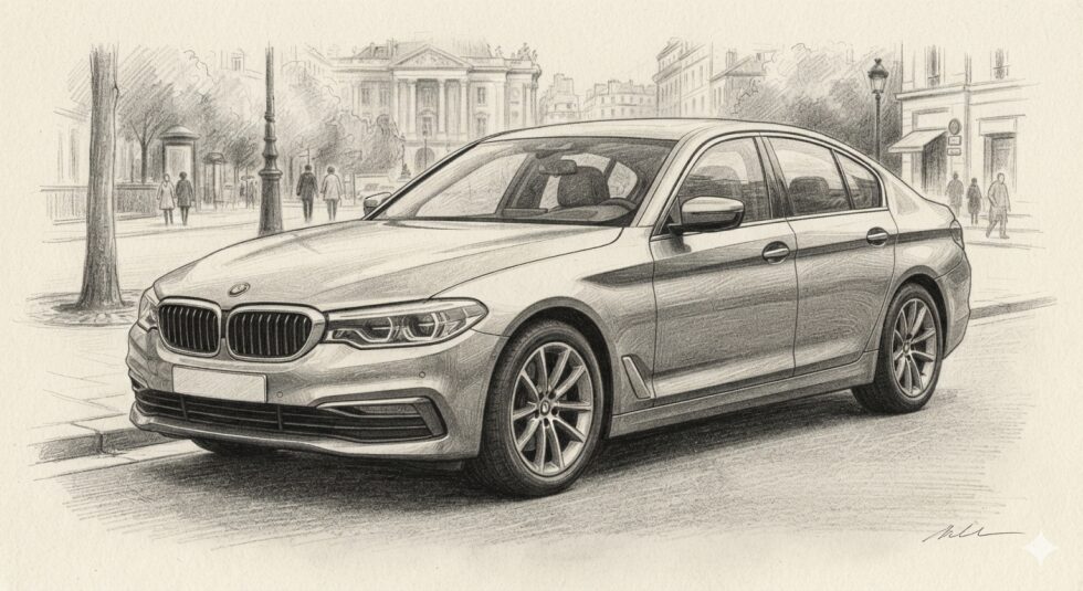 BMW sedan illustration &mdash; BMW auto body repair at Metro Auto Body in Corona, Queens, NY